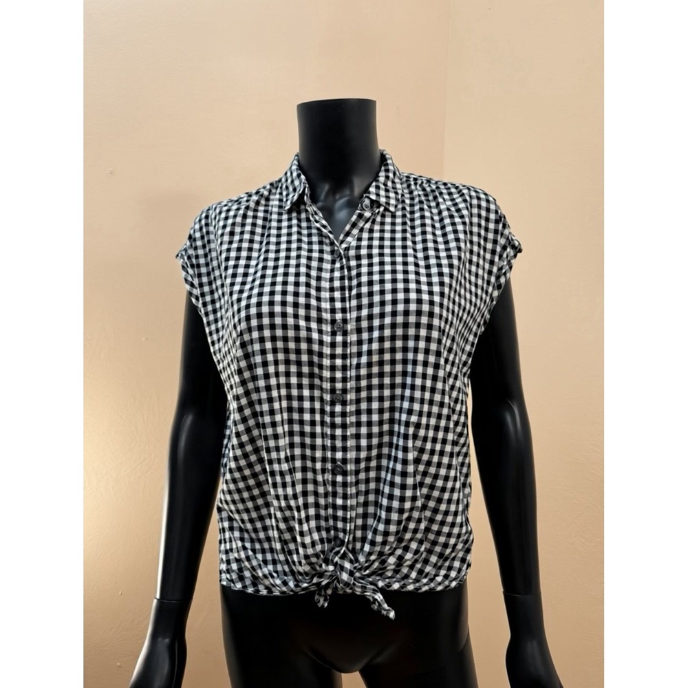 American‎ Eagle Gingham Sleeveless Button Front Tie Top Black White XS